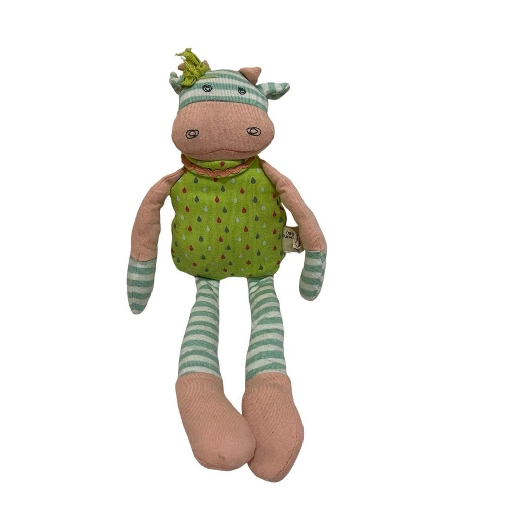 Organic Farm Buddies Plush Cow Rattle Pink Green Stripes 12” Lovey Stuffed Toy